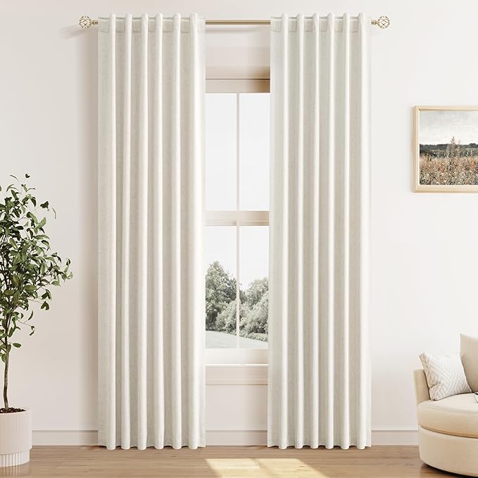 Guken 100% Blackout Linen Curtains for Bedroom 80 Inches Long Natural Cream Black Out Curtain Back Tab Thermal Insulated Room Darkening Window Drapes for Living Room 2 Panels Beige Ivory 40x80