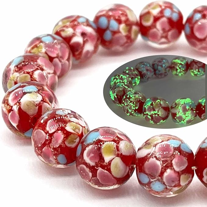 Artsy Crafts 12 Pcs Lily Flower Glow in The Dark Firefly Beads, 12mm European Lampwork Luminous Glass Beads for Jewelry Making Charm Bracelet Necklace Earrings Crafts (Lily - Red)