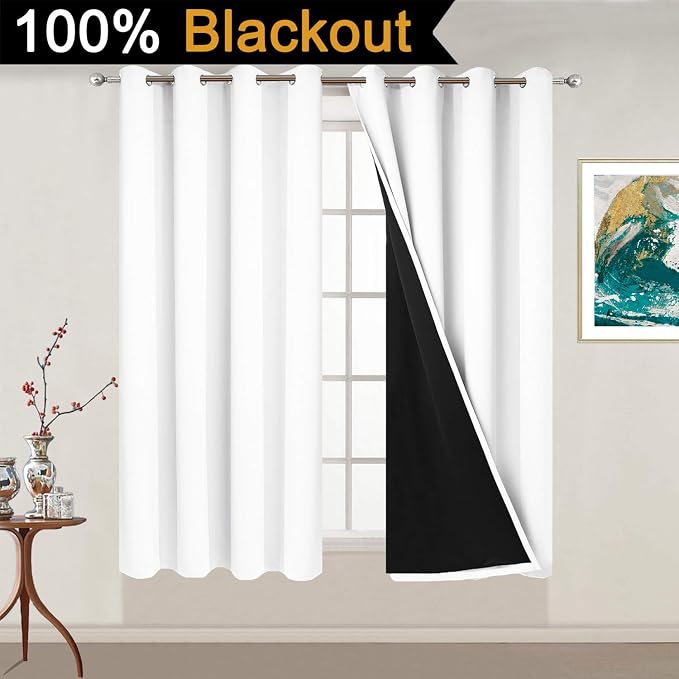 Yakamok Pure White 100% Blackout Curtains 54 Inches Long 52" Wide 2 Panel | Blackout Curtain Panels for Bedroom, 2 Thick Layers Grommet Top Thermal Insulated Drapes with Black Liner for Living Room