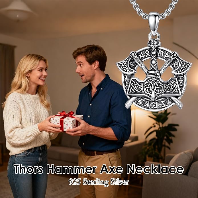 PROESS Viking Axe/Sword/Skull Necklace S925 Sterling Silver Thors Hammer Necklace Amulet Dagger Pendant Norse Viking Rune Jewelry Gifts for Men Women