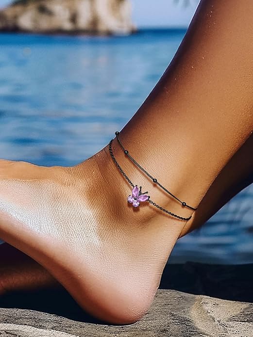Richsteel Double Layer Heart/Butterfly Birthstone Anklet for Women Non Tarnish Waterproof, Silver/Gold/Black Stainless Steel 8.5-10.5 Inch Adjustable Chain Anklets Jewelry Gifts for Her