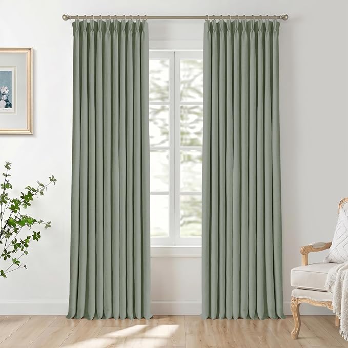 CAPALOCA Pinch Pleated Curtains Blackout, Linen Blackout Curtains 102 inches Long 2 Panels Set for Bedroom, Thermal Insulated Pinch Pleated Drapes for Living Room, 40"W x 102"L (Pack of 2), Light Sage
