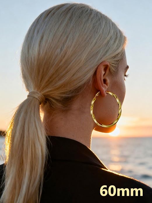 Bestyle 5mm Thick Gold Hoop Earrings Hypoallergenic Hoops for Sensitive Ears Trendy Lightweight Chunky Earrings for Women 30/40/60/80mm