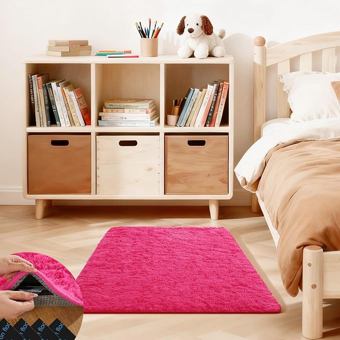 2x3 Rugs for Bedroom, Fluffy Area Rugs for Living Room, Small Fuzzy Shag Soft Carpet with 4 Non-Slip Adhesive Strips for Kids Boys and Girls Nursery Dorm Room Home Decor (2ft X 3ft, Hot Pink)