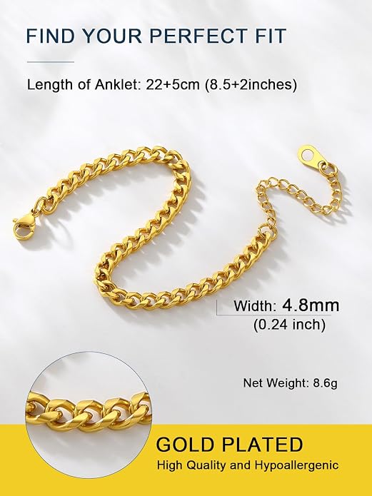 ChainsPro Resizable Anklet Chain for Women Men, Figaro/Wheat/Twist Rope/Cuban Foot Bracelet-Strong with Good Clasp-18K Gold Plated(Send Gift Box)