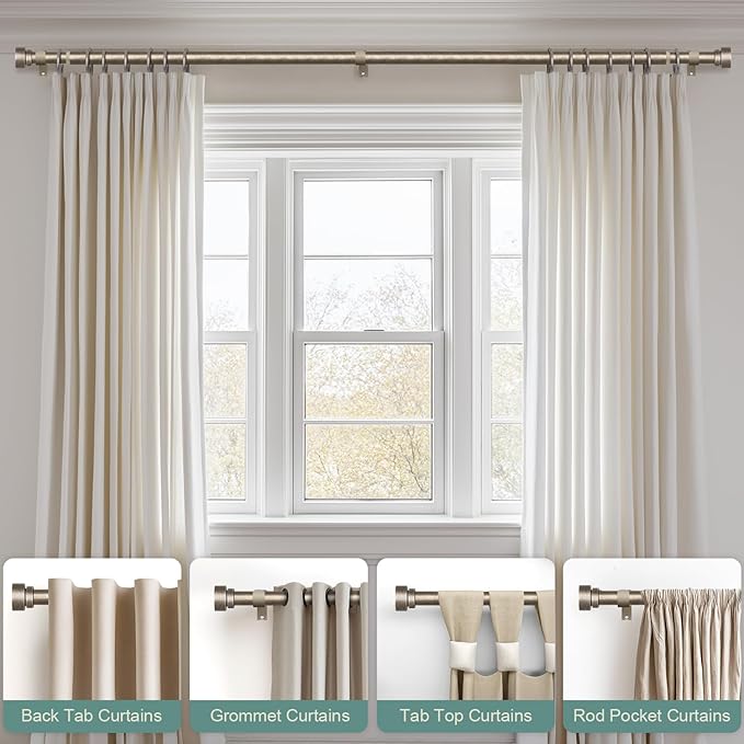 Lootkell 2 Pack Retro Silver Curtain Rods Set for Windows 28 to 48 Adjustable Length Heavy Duty 1" Diameter Window Curtain Rod with Decorative Finials for Outdoor Bedroom Kitchen Living Room Farmhouse