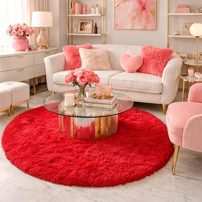 Red Small Round Rug 3Ft for Boys Bedroom, Fluffy Shag Circle Area Rugs for Kids Room Decor Aesthetic, Fuzzy Plush Fur Carpets for Living Room Nursery Dorm Classroom Playroom, Red Christmas Carpet