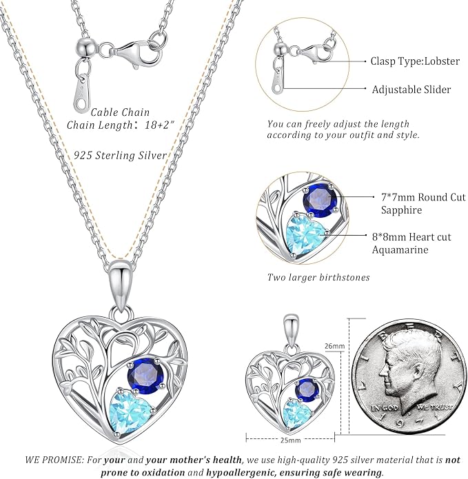 Tree of Life Birthstone Necklace Birthday Gifts 925 Sterling Silver Heart Pendant Birthstone Necklaces for Women Personalized 2 Gemstone Anniversary Graduation Gifts for Her Wife Mom
