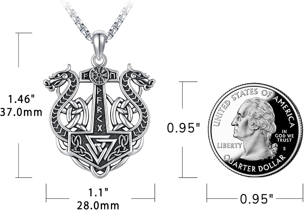 Eusense Viking Necklace for Men Women 925 Sterling Silver Pendant Thors Hammer/Norse Runes/Odin's Ravens/Wolf/Dragon/Snake/Yggdrasil/Freya/Helm of Awe/Valknut/Triskelion/Axe/Shield Viking Jewelry