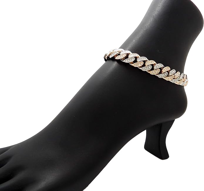 Fashion 21 Women's Stone Filled 10mm, 12mm Various Length Box Lock Cuban Chain Anklet