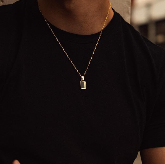 Forge & Foundry Men's Minimalist Stainless Steel and Solid Onyx Inlay Pendant | 21 Inch Rolo Chain | Design-Led Artisan Jewelry, from London