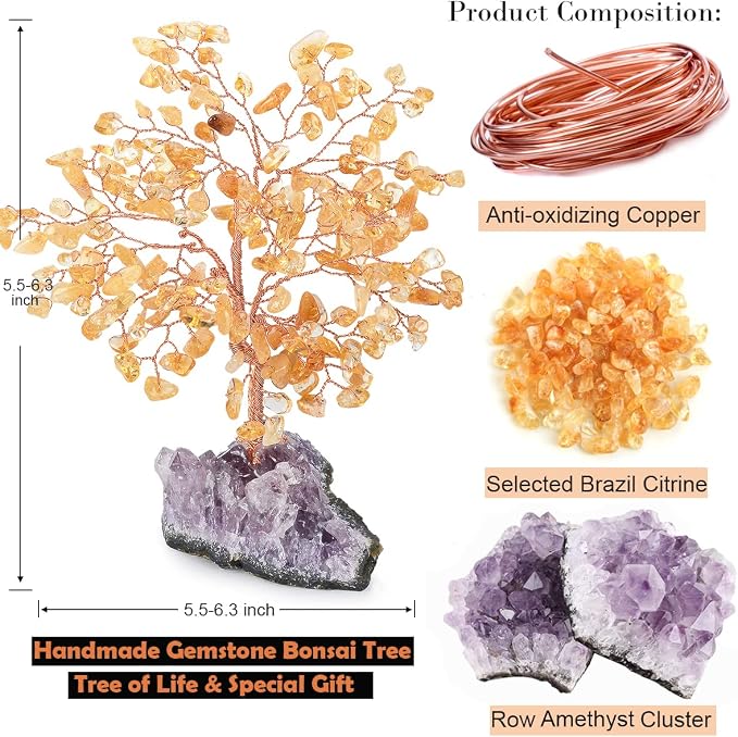 Natural Citrine Crystal Tree with Amethyst Geode Base,Crystal Ornaments Feng Shui Bonsai Money Tree,Chakra Balancing Positive Energy Figurings Decor 5.5"-6.3"