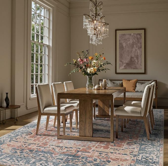 Rugxara 8x10 Area Rugs for Living Room Large Washable Rug, Coral Blue | Non Slip, Rug for Dining Room Bedroom Office Kids Room, Stain Resistant, Soft, Low Pile, Vintage Boho Retro Carpet,Home Decor
