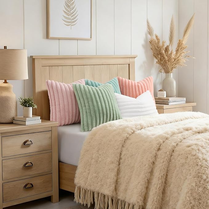 decorUhome Fall Faux Fur Throw Pillow Covers 18x18 Set of 2 Blush Pink | Decorative Soft Cozy Striped Plush Modern Farmhouse Boho Couch Pillow Cases Velvet Back for Sofa Bed Living Room Home Decor