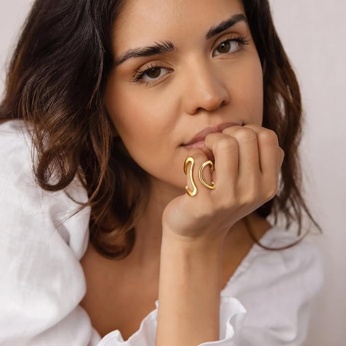 Gelbesty Waterproof Gold Statement Rings for Women, 14K Gold Plated Chunky Open Stackable Rings Non Tarnish Fashion Adjustable Stainless Steel Pinky Knuckle Signet Vintage Ring Jewelry Size 5-11