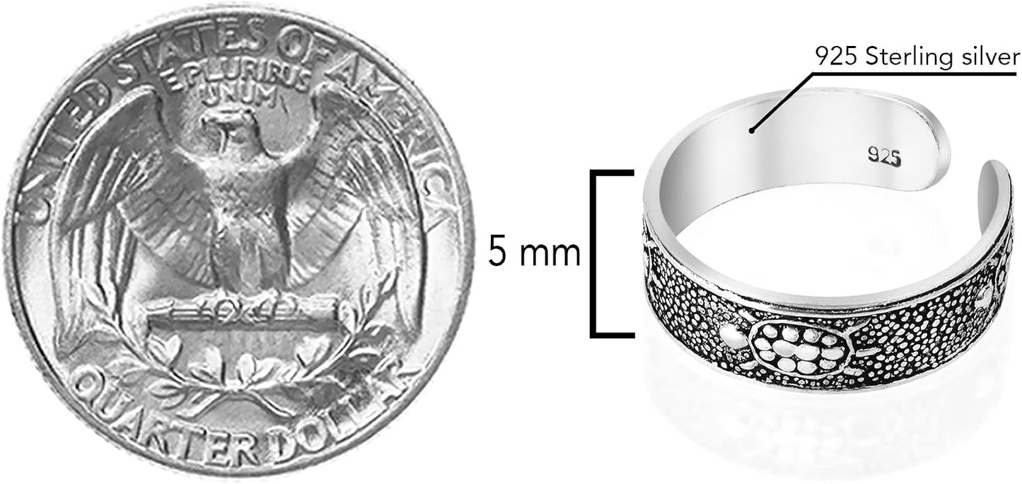 AeraVida .925 Sterling Silver Adjustable Toe Ring or Pinky Ring 5mm Wide Open Band, Stackable Minimalist Summer Foot Jewelry | Sun Moon Star Turtle Butterfly Leaf Olive Branch Ocean Wave Yin Yang Design