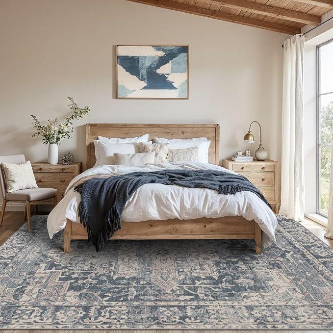 Rugxara Blue 8x10 Area Rugs for Living Room Bedroom Large Washable Rug | Non Slip, Rug for Dining Room Office Kids Room, Stain Resistant, Soft, Low Pile, Vintage Boho Retro Carpet,Home Decor