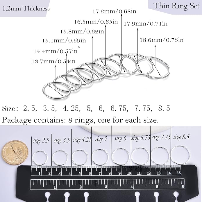 CANDYFANCY 925 Sterling Silver 1.2mm Stacked Midi Thin Rings for Women Knuckle Ring Band Stacking Ring Set Size 2.5-8.5