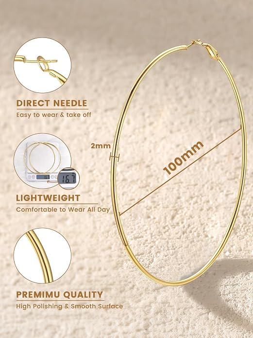 KeyStyle Gold Hoop Earrings for Women, Stainless Steel Hoops Earring Lightweight Loops, 2 mm Thick Hypoallergenic Circle Endless Thin Hoop (20/30/40/50/60/70/80/90/mm)