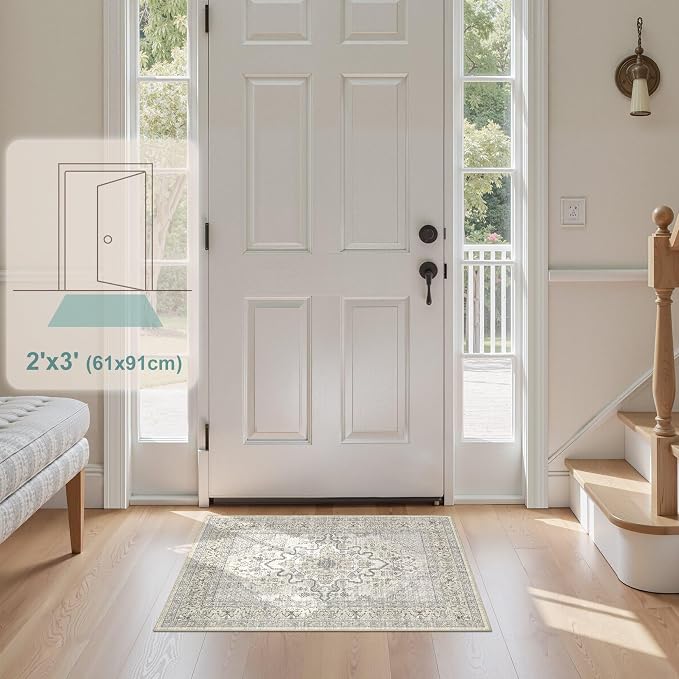 Tortania Area Rug 2x3 Doormat - Washable Vintage Oriental Farmhouse Soft Thin Indoor Carpet for Living Room Bedroom Hallway Entryway Kitchen - Beige Linen