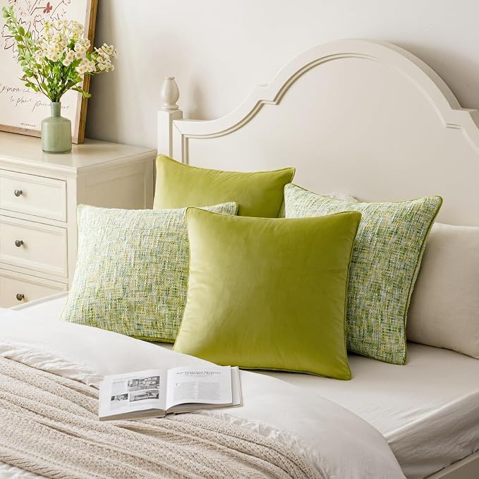 a moment Green 4 Pack Throw Pillow Covers - Chenille & Velvet Set with Piping, Farmhouse Textured Design Pillow Cases for Couch Sofa Bed Livingroom (16x16 Inch, No Insert)