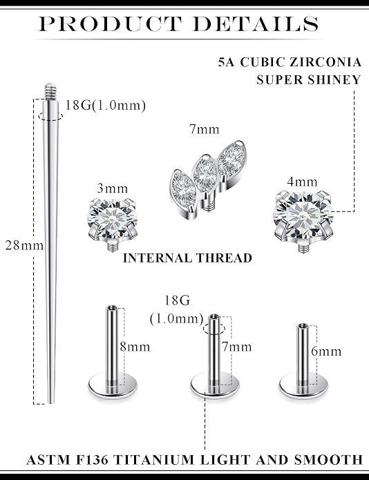 20G 18G 16G Astm F136 Titanium Internal Thread Flat Back Earrings Nose Studs Tragus Forward Helix Conch Cartilage Lobe Earring Stud Medusa Labret Monroe Lip Ring Piercing Jewelry For Women Men