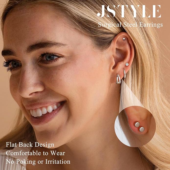 Jstyle Hypoallergenic 14K Gold Plated Stud Hoop Earrings for Women Men Surgical Stainless Steel Flat Back Earrings Small Huggie Hoops Cartilage Earring Set for Multiple Piercing Jewelry Gift for Women