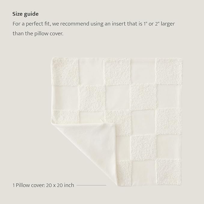 Double Stitch Checkered Throw Pillow Covers - 100% Cotton Tufted Boho Decorative Pillow Covers 20x20, Made in India, Square Plaid Cushion Case, Modern Home Decor for Couch, Sofa, Living Room, Cream