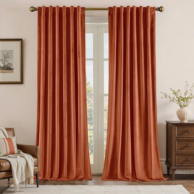 HOMEIDEAS 100% Blackout Burnt Orange Velvet Curtains, Thermal Noise Reduction Luxury Vintage Christmas Velvet Curtains for Bedroom Decor, Living Room, Home, 52 X 108 Inch, 2 Panels