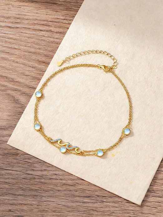 Wave/Dolphin Bracelet/Sea Turtles Anklet 925 Sterling Silver Adjustable Moonstone Bracelet/Anklet Summer Ocean Jewelry Gifts for Women