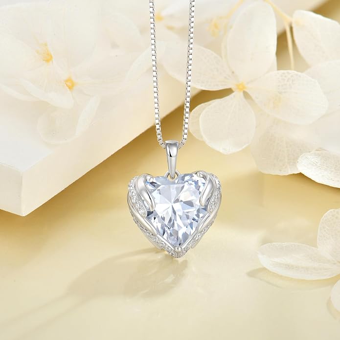 Angel Wings Necklace for Women 925 Sterling Silver Cubic Zirconia Love Heart Birthstone Pendant Necklaces
