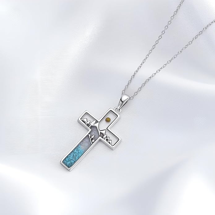 HPQQ Cross Necklace 925 Sterling Silver Turquoise Tree of Life Celtic Knot Cross Pendant Jewelry Mother's Day Gifts for Women