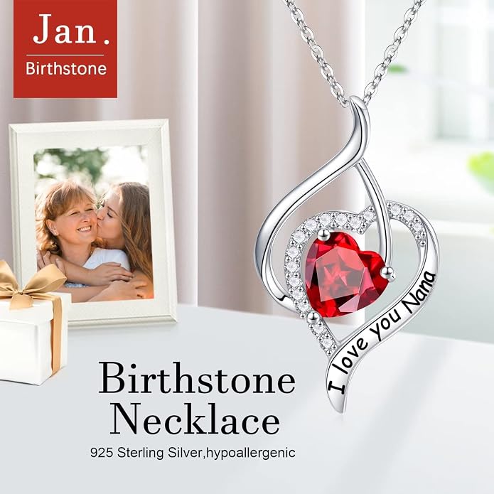 Nana Gifts Sterling Silver Heart Birthstone Necklaces, I Love You Nana Gifts for Mothers, Grandma