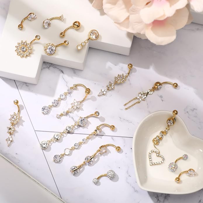 Yaomiao 18 Pcs 14G Stainless Steel Belly Button Ring Rhinestone Heart Dangle Belly Button Rings for Women