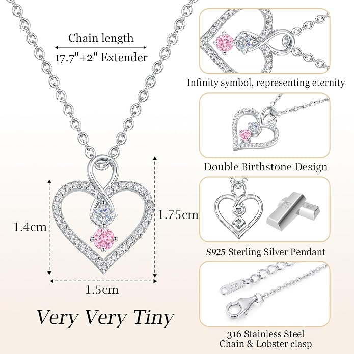 LOUISA SECRET Double Birthstone Necklaces for Women, 925 Sterling Silver Infinity Love Heart Pendant Necklace for Her, Birthday Anniversary Valentine's Day, Christmas, Wedding, Graduation Gift for Her, Personalized Gifts, Jewelry Gifts for Wife Mom Gir...