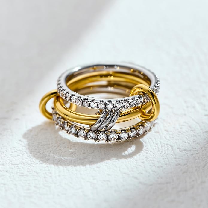 AllenCOCO 14K Gold Plated Stackable Rings, 3 Ring Set with CZ Cubic Zirconia, Gold & Silver Stacked, Interlocking Band for Women Statement