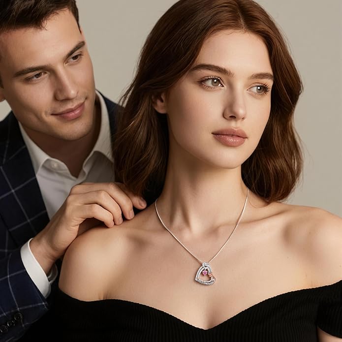 Gifts for Mom 925 Sterling Silver Birthstone Necklace for Women, Heart & Rose Design Birthday Gifts for Mom Wife Her