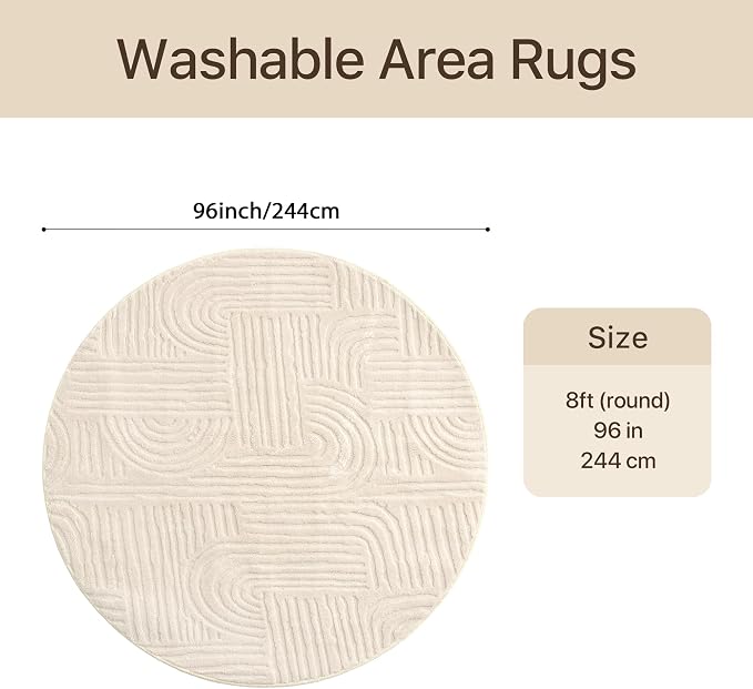 GENIMO Soft Round Rug 8ft, 3D Modern Arch Pattern Washable Area Rugs, High-Low Pile Non Slip Fuzzy Circle Living Room Rug, Non-Shedding Stain Resistant Beige Carpet for Bedroom, Dining Room, Nursery
