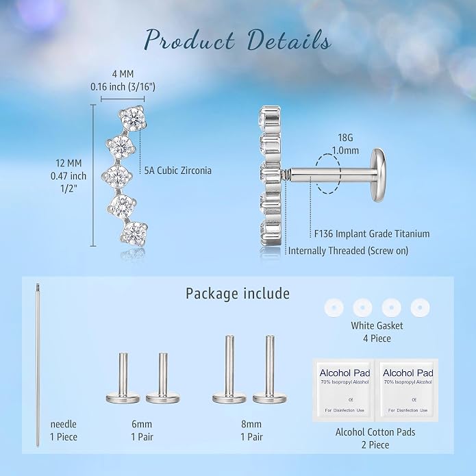 Limerencia 2Pcs 18g Titanium Internally Threaded Tragus Piercing Jewelry Nose Studs Flat Back Earrings Labret, Lip, Helix, Cartilage, Conch, Medusa Piercing for Women Men Sensitive Ears
