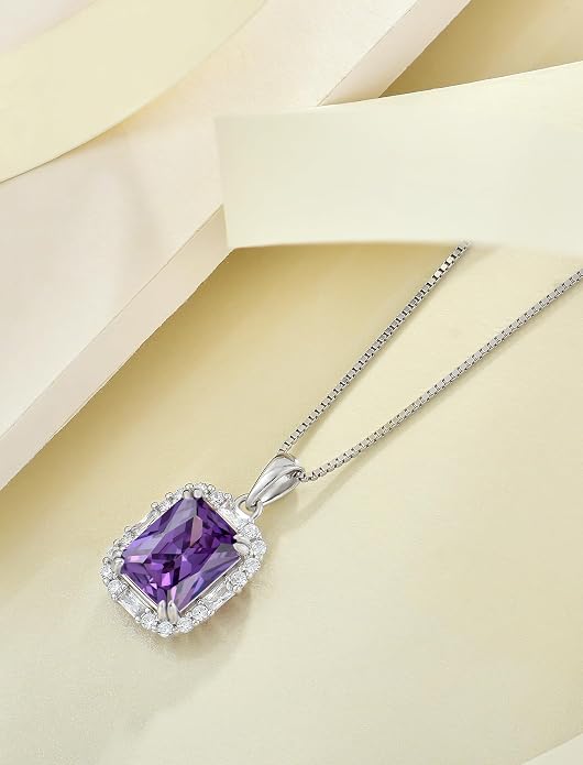 Princess Cut Necklaces for Women, 925 Sterling Silver Emerald Cut Birthstone Pendant Necklace Halo Square Rectangle Jewelry Gifts for Her