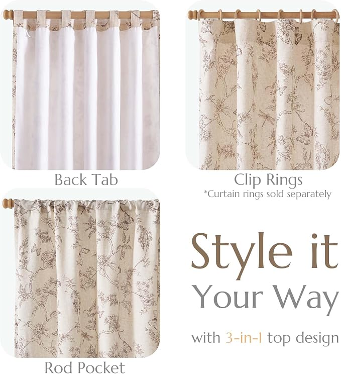 jinchan Taupe Floral Linen Curtains Lined 96 Inch Vintage Back Tab 2 Panels | Privacy lining, light filtering drapes, cottagecore, french country, farmhouse, bedroom, living room, window treatment