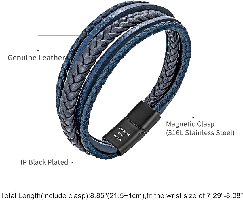murtoo Mens Leather Bracelet with Clasp Cowhide Multi-Layer Braided Leather Mens Bracelet