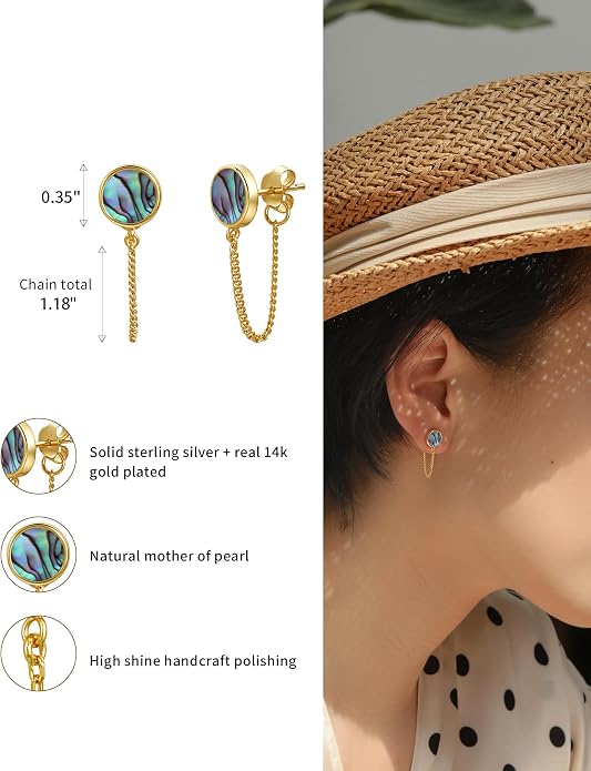 S.Leaf Gold Stud Earrings for Women 925 Sterling Silver Hypoallergenic Mother of Pearl Shell Stud Chain Earrings Friendship Jewelry Gifts for Women Her