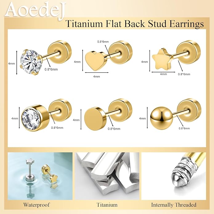 Aoedej 6Pairs G23 Titanium Flat Back Stud Earrings Hypoallergenic CZ Heart Stars Ball Cartilage Earring Studs for Women Men Helix Tragus Conch Helix Piercing Jewelry Gift