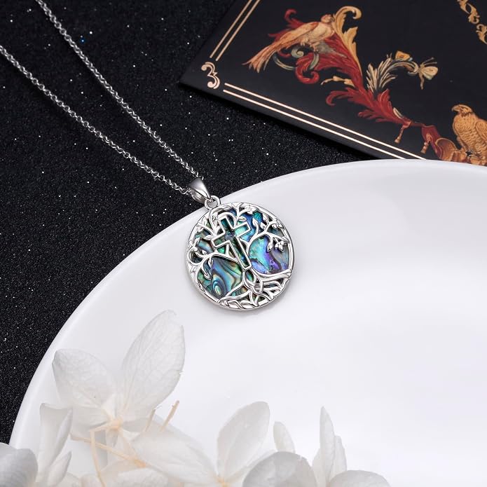 DAOCHONG Tree of Life Cross Necklace 925 Sterling Silver Abalone Shell Pendant Necklaces for Women Christian Religious Jewelry