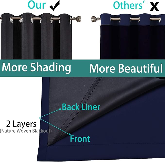 Yakamok Navy Blue 100% Blackout Curtains 63 Inches Long 52" Wide, 2 Panels | Blackout Curtain Panels for Bedroom, 2 Thick Layers Grommet Top Thermal Insulated Drapes with Black Liner for Living Room