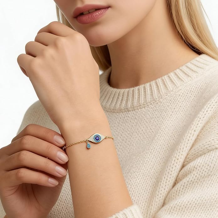 Evil Eye Bracelets for Women Gold Plated Dainty Chain Zirconia Turquoise Charm Adjustable Protective Lucky Link Bracelet Jewelry for Best Friends Sister Travel Birthday Just Because Gift