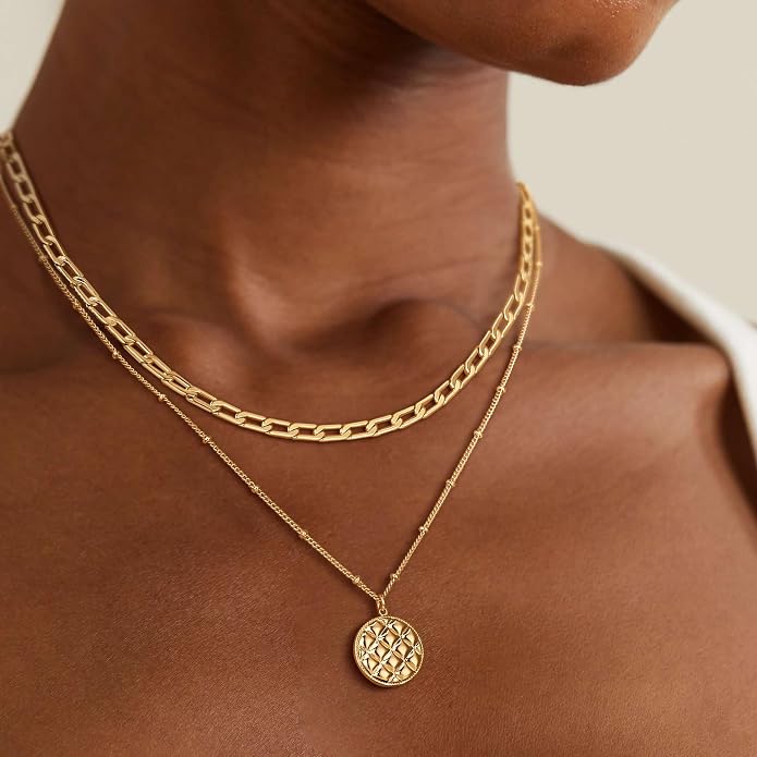 Dremmy Studios Dainty Gold Choker Necklace for Women 14K Gold Plated Coin Disc Figaro Layered Beaded Flat Mariner Sideways Cross Wishbone Link Clavicle Necklaces