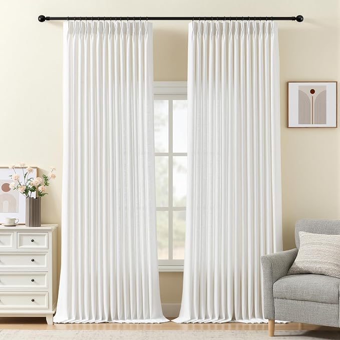 102 Inch Linen Pleated Curtains for Living Room, Pinch Pleated Curtain with Rings Hooks Semi Sheer Light Filtering Memory Trained Window Drapes for Bedroom Dining Room, 40W, Snow White, 2 Panel