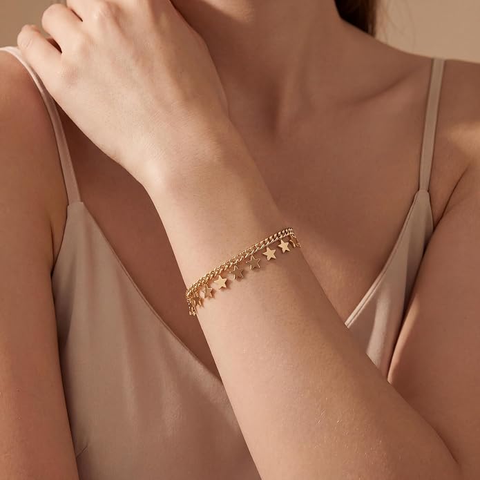 Dremmy Studios Gold Bracelet for Women 18K Gold Plated Dainty Paperclip Cubic Zirconia Disc Coin Star Cable Satellite Bead Pearl Simple Boho Minimalist Stacking Layered Link Jewelry Gift